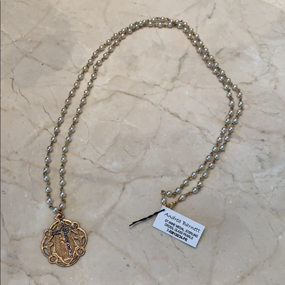 Glass Pearl and Sterling Cross Necklace